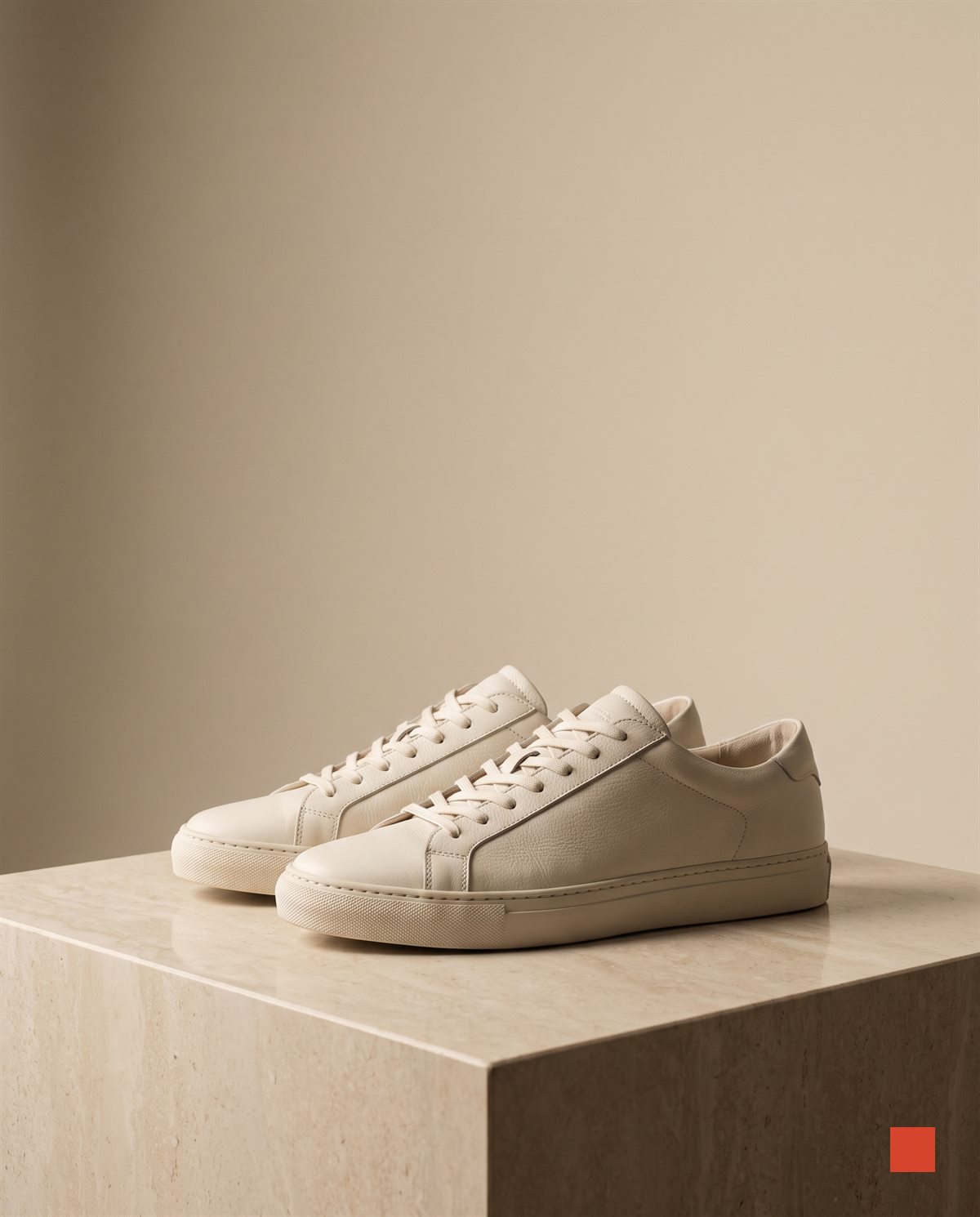 Off-white leather sneakers on a stone plinth